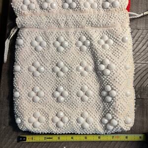 Vintage 1950s MR. JONAS Beaded Cream White Red Draw String Purse